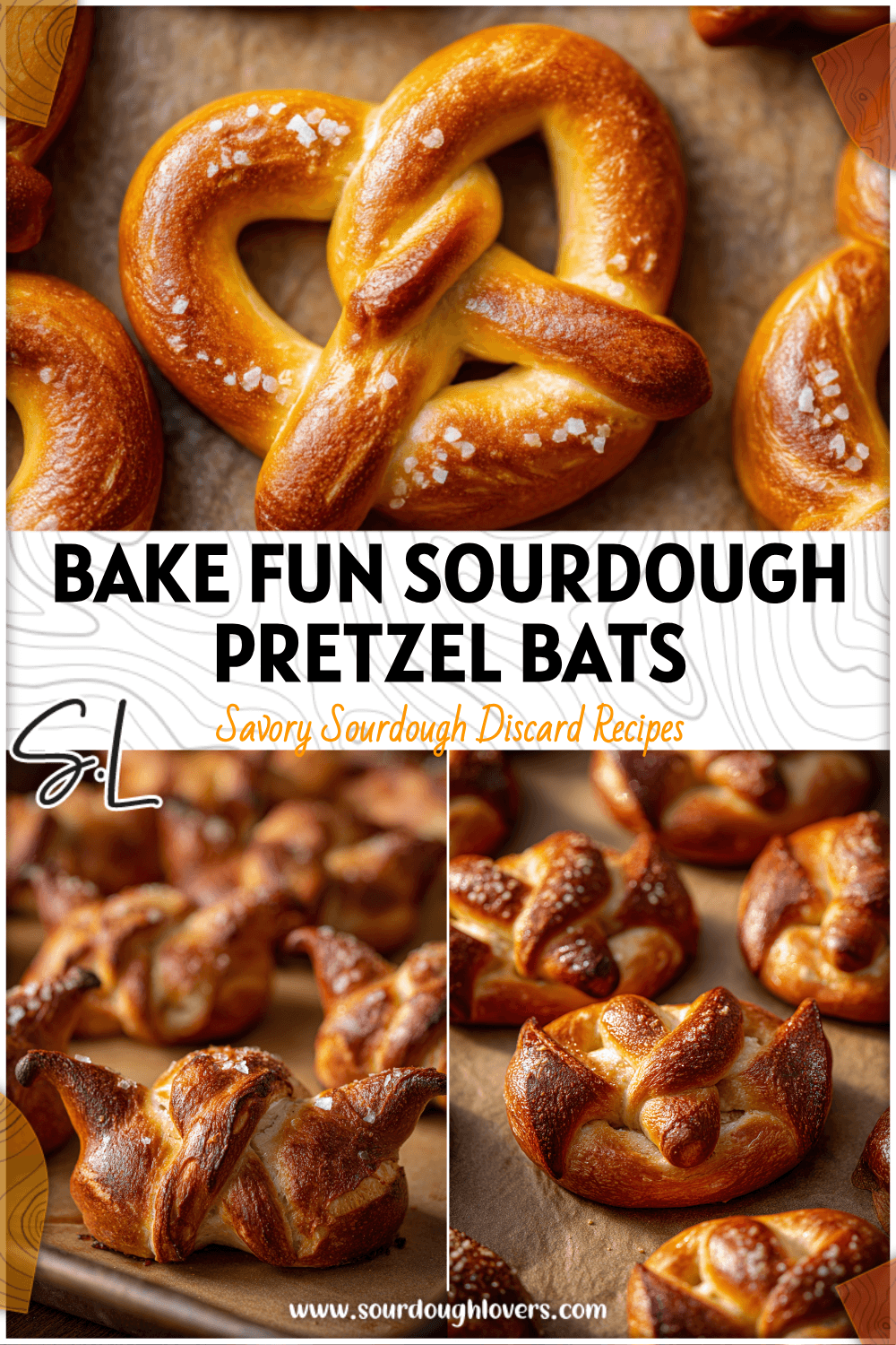 Golden brown sourdough pretzel bats made from a Sourdough Discard Pretzel Recipe arranged on a baking tray. 26